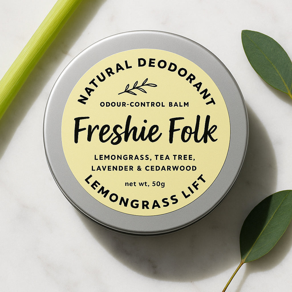 Tin of Freshie Folk natural deodorant with lemongrass lift on a white background