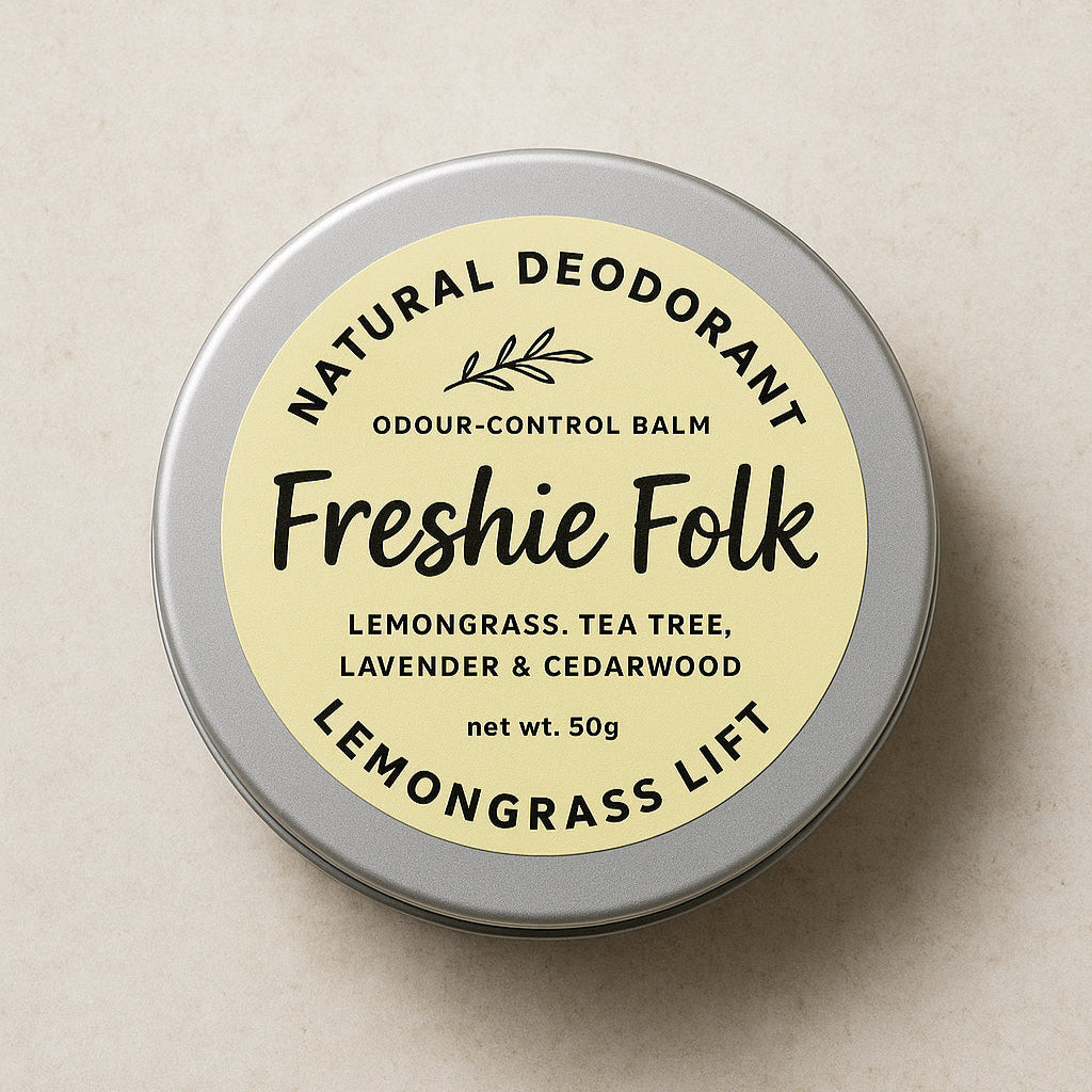 Freshie Folk natural deodorant balm on a beige background