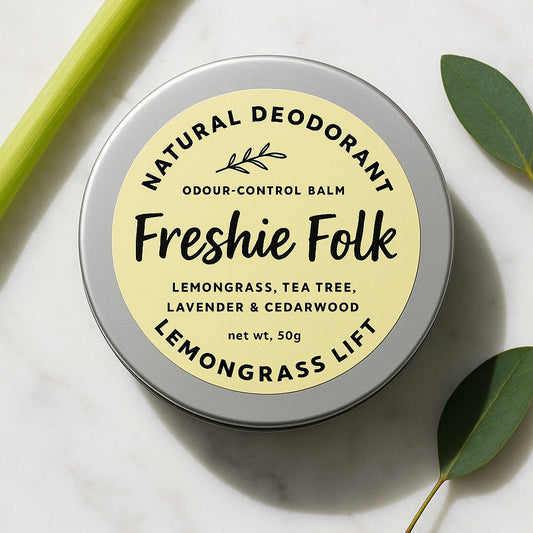 Tin of Freshie Folk natural deodorant with lemongrass lift on a white background